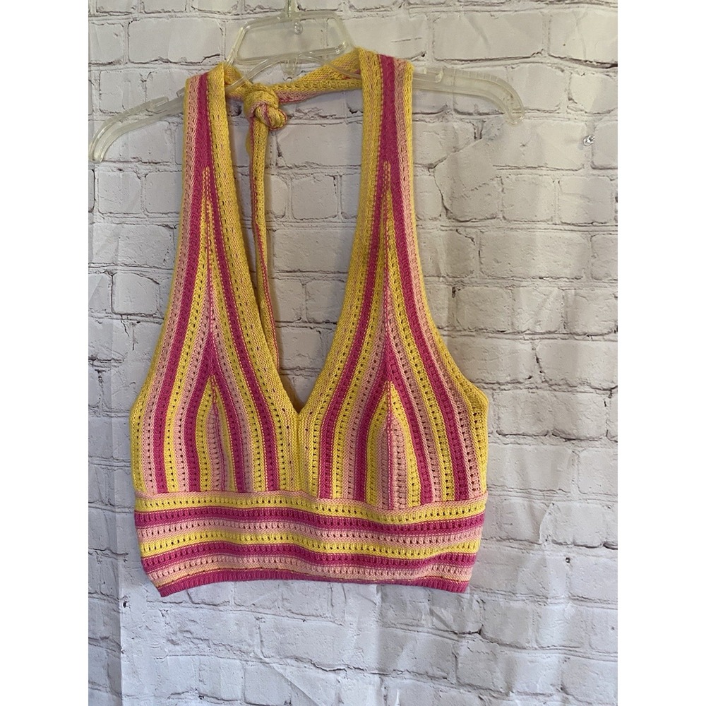 SHEIN Yellow & Pink Cropped Halter Knit Top